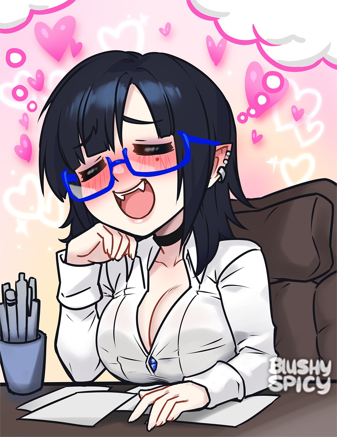 1girl bangs black_choker black_hair blue-framed_eyewear blush blushyspicy breasts chair choker cleavage desk earrings fang fangs glasses heart highres imagining jewelry large_breasts medium_hair office_lady open_mouth original papers pointy_ears vampire