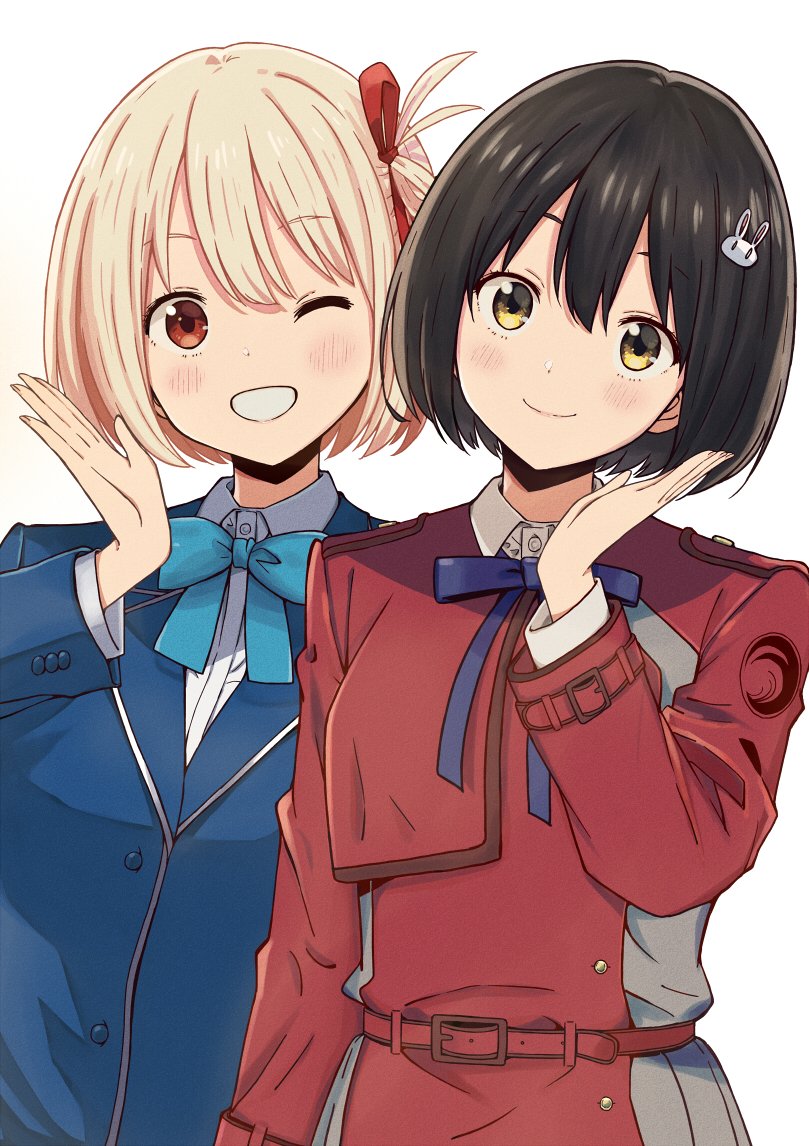 2girls bangs blazer blonde_hair blue_bow blue_bowtie blue_jacket blue_ribbon blush bob_cut bow bowtie breasts brown_hair collared_shirt cosplay costume_switch creator_connection hair_between_eyes hair_ornament hair_ribbon jacket k_gochinko kono_bijutsubu_niwa_mondai_ga_aru! lycoris_recoil lycoris_uniform multiple_girls nishikigi_chisato nishikigi_chisato_(cosplay) one_eye_closed rabbit_hair_ornament red_eyes red_jacket red_ribbon ribbon school_uniform shirt short_hair simple_background smile upper_body usami_mizuki usami_mizuki_(cosplay) white_background white_shirt yellow_eyes