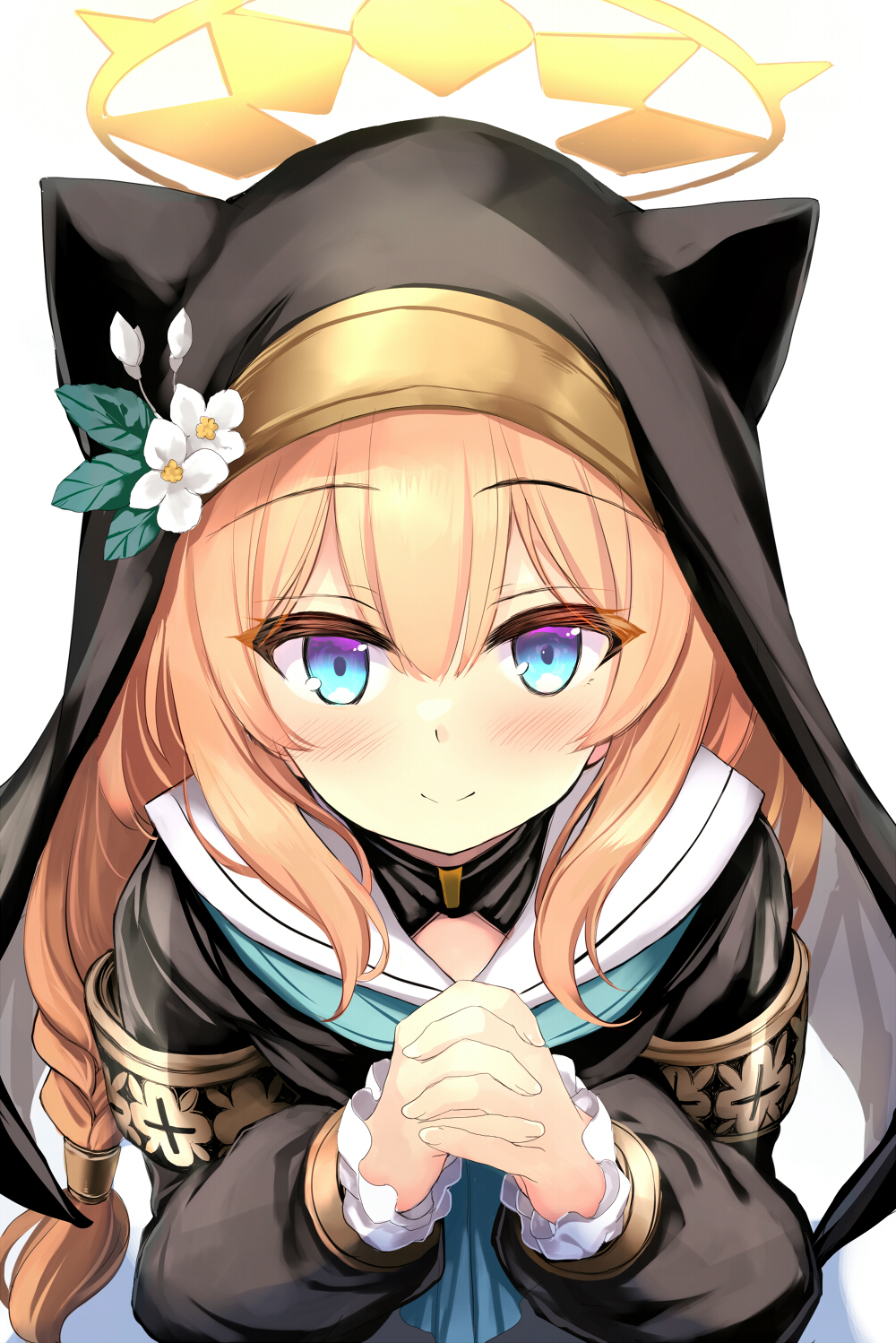 1girl animal_ear_headwear bangs black_dress blue_archive blue_eyes blue_neckerchief blush braid closed_mouth dress flower frilled_sleeves frills from_above gold_trim habit hair_between_eyes halo hands_up hat hat_flower highres interlocked_fingers kumakou long_hair long_sleeves looking_at_viewer mari_(blue_archive) neckerchief nun orange_hair own_hands_clasped own_hands_together praying sailor_collar single_braid smile solo white_flower