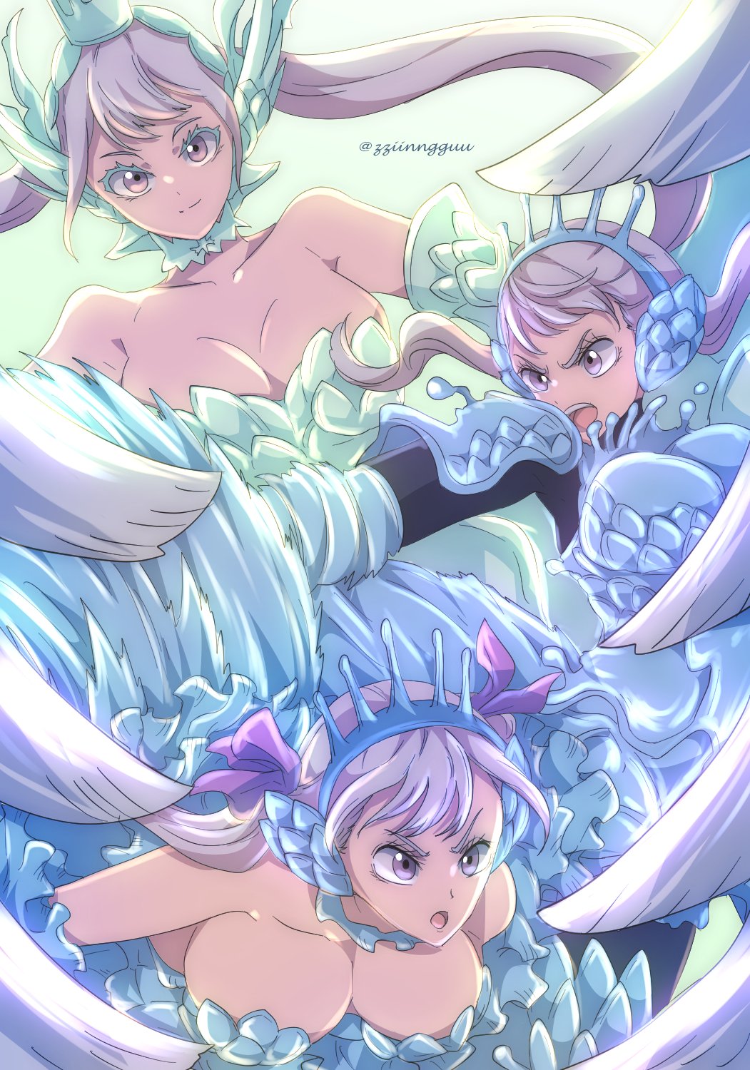 :o black_clover blue_armor breasts cleavage crown grey_hair hair_ribbon highres jinguu_(timaya) noelle_silva open_mouth pink_eyes ribbon smile tiara twintails valkyrie water water_wings