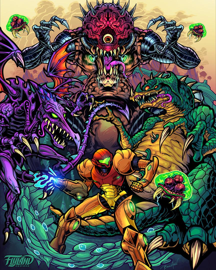 1girl arm_cannon brain claw_pose claws creature drooling feet_out_of_frame flylanddesigns green_eyes kraid long_tongue metroid metroid_(creature) mother_brain one-eyed power_armor power_suit_(metroid) red_eyes ridley samus_aran sharp_teeth size_difference spikes super_metroid tail teeth third_eye tongue tongue_out varia_suit weapon wings