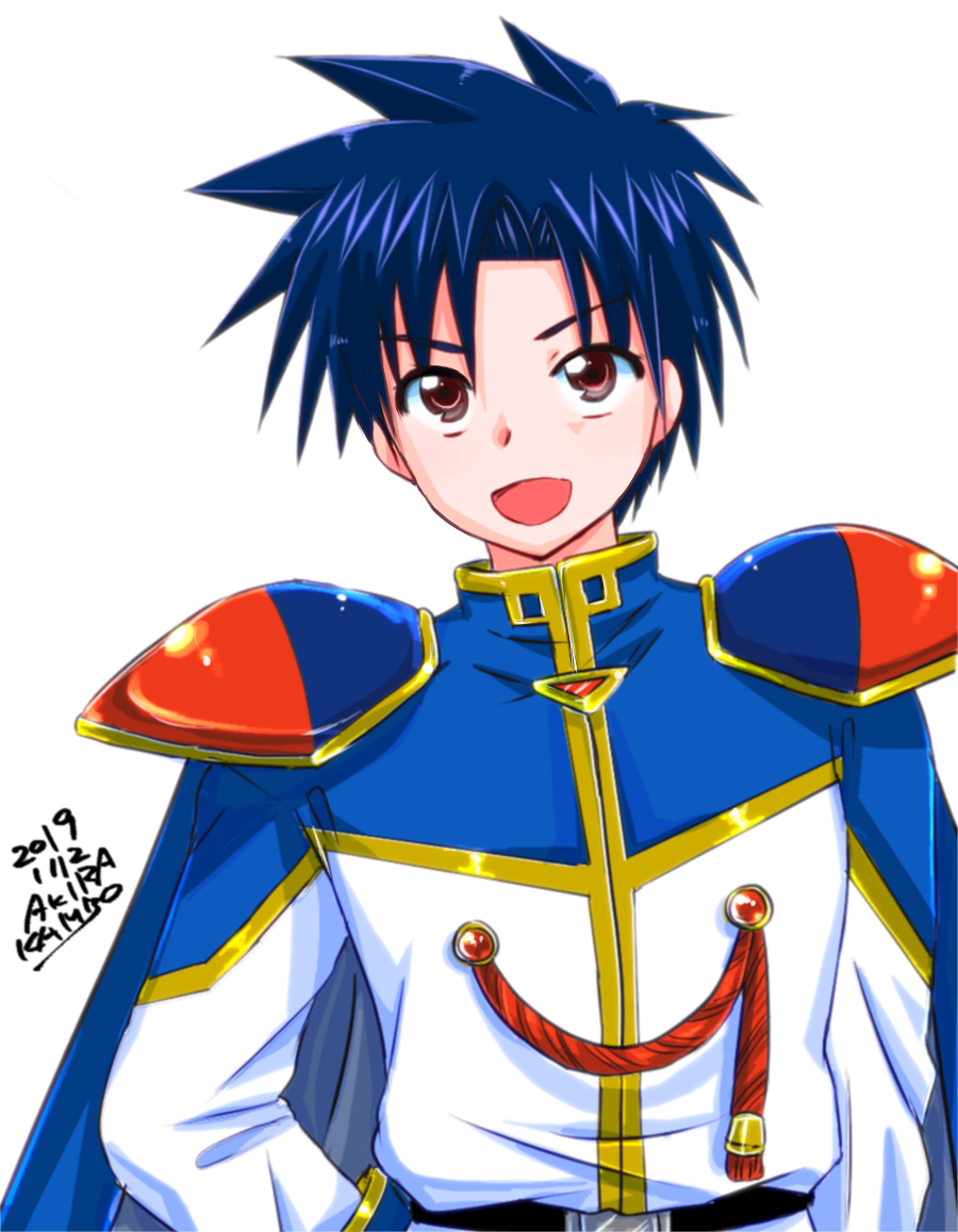 1boy :d akira_kambo artist_name belt blue_cape blue_hair brown_eyes cape dated galaxy_angel gold_trim long_sleeves male_focus simple_background smile solo spiked_hair takuto_meyers upper_body white_background