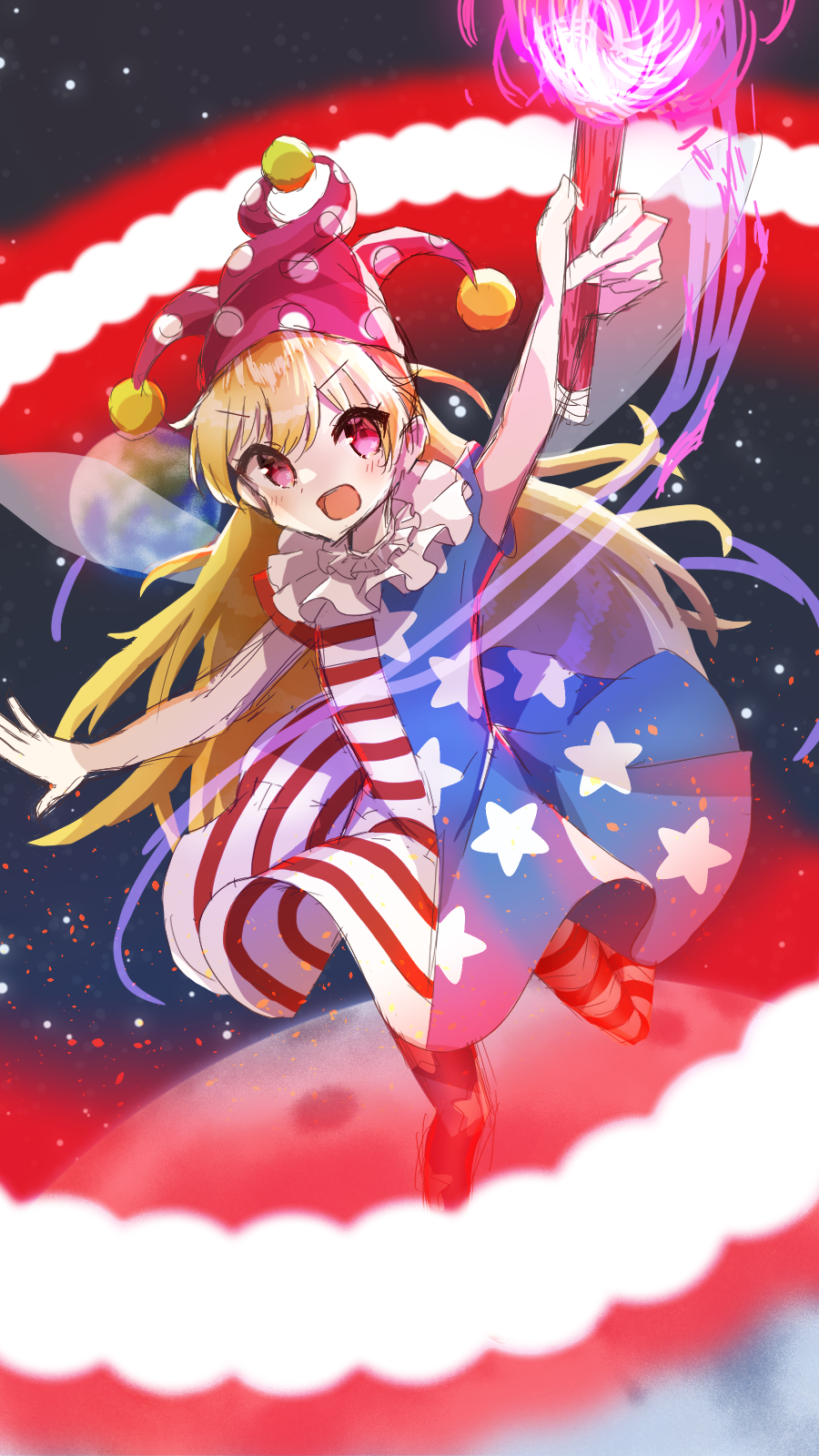 1girl american_flag_dress american_flag_pants arms_up bangs black_sky blonde_hair blush clownpiece commentary_request danmaku dress earth_(planet) fairy_wings fire hair_between_eyes hands_up hat highres holding holding_torch jester_cap leg_up legacy_of_lunatic_kingdom long_hair looking_up moon neck_ruff nicoseiga121186621 night night_sky no_shoes open_mouth pants pink_eyes pink_fire pink_headwear planet polka_dot short_sleeves sky smile solo space standing standing_on_one_leg star_(sky) star_(symbol) star_print starry_sky striped striped_dress striped_pants torch touhou transparent_wings v-shaped_eyebrows wings