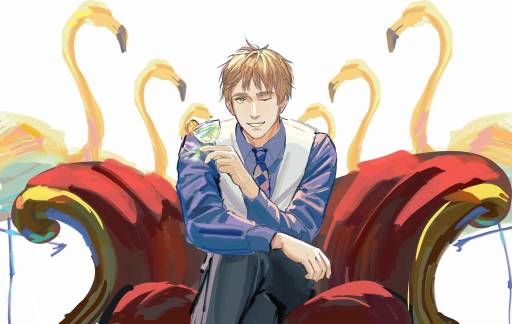 1boy axis_powers_hetalia bird black_pants blonde_hair blue_shirt checkered_necktie cocktail cocktail_glass collared_shirt couch crossed_legs cup cushion drink drinking_glass flamingo food fruit grin lemon lemon_slice long_sleeves necktie official_alternate_costume on_couch one_eye_closed pants shirt short_hair sitting smile thick_eyebrows united_kingdom_(hetalia) vest white_background white_vest zhongerweiyuan