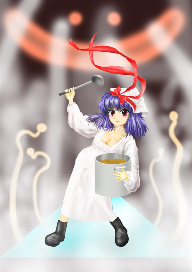 bad_id bad_pixiv_id cooking dancing dress kams parody pot purple_hair solo touhou white_dress yasaka_kanako