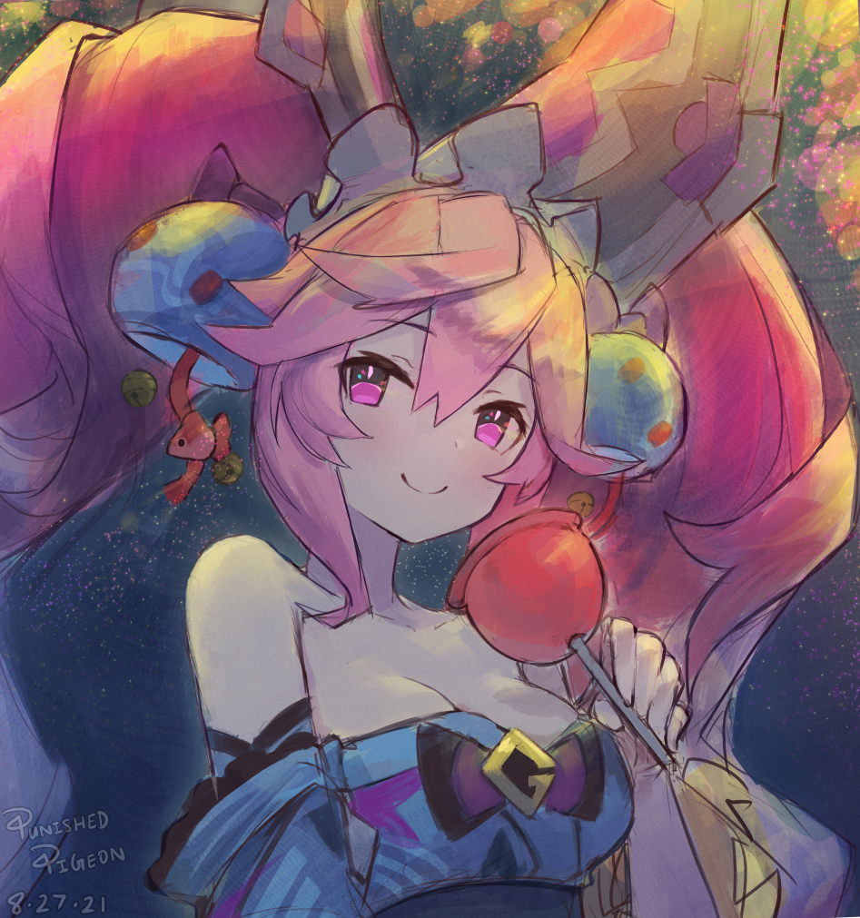 1girl bangs bare_shoulders blue_hair breasts candy_apple cleavage cleo_(dragalia_lost) detached_sleeves dragalia_lost food hair_between_eyes hair_ornament holding japanese_clothes kimono long_hair looking_at_viewer multicolored_hair official_alternate_costume pink_eyes pink_hair punished_pigeon smile solo twintails two-tone_hair upper_body very_long_hair yukata
