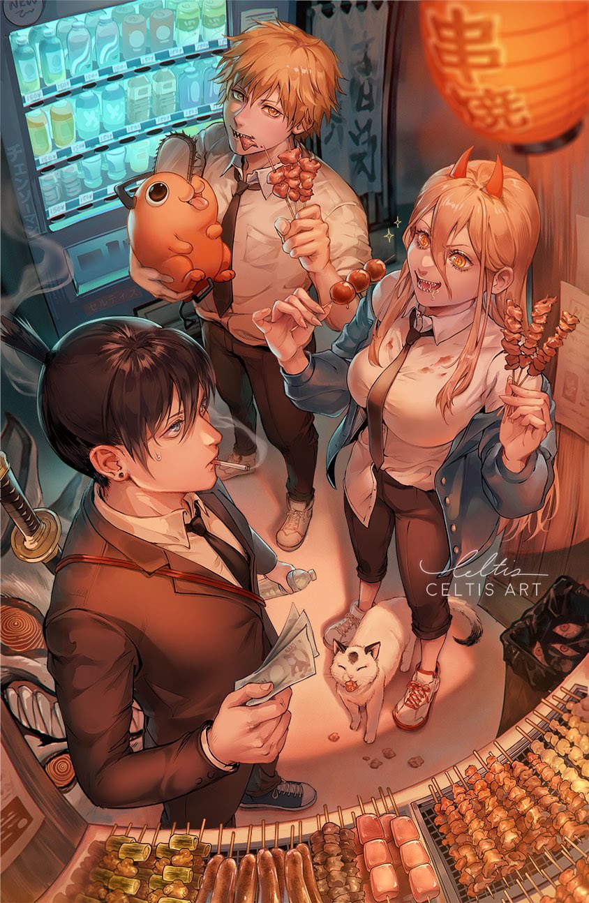 1girl 2boys animal bangs black_hair black_necktie black_pants black_suit blonde_hair blue_eyes blue_hoodie blue_jacket breasts business_suit cat celtisart chainsaw chainsaw_man chest_belt cigarette collared_shirt cross-shaped_pupils demon_horns denji_(chainsaw_man) dress_shirt earrings food formal fox_devil_(chainsaw_man) fox_shadow_puppet from_above hair_between_eyes hayakawa_aki highres hood hoodie horns jacket jewelry kebab lantern large_breasts long_hair meat meowy_(chainsaw_man) money monster_girl multiple_boys necktie open_mouth pants pochita_(chainsaw_man) power_(chainsaw_man) red_horns sharp_teeth shirt shirt_half_tucked_in shirt_tucked_in shoes short_hair skewer sleeves_rolled_up smoke sneakers stud_earrings suit sword sword_behind_back teeth topknot trash_can vending_cart vending_machine weapon white_cat white_shirt yellow_eyes