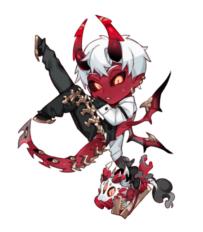 1boy animal animal_feet backless_outfit black_gloves black_pants black_sclera black_wings chibi chinese_commentary colored_sclera colored_skin creature demon_boy demon_horns demon_tail demon_wings dragon ear_piercing earrings extra_eyes flying full_body gloves holding hooves horns jewelry knees_up leg_up long_sleeves looking_at_viewer male_focus multicolored_wings open_mouth orange_eyes original pants piercing pointy_ears red_horns red_skin red_wings shirt short_hair simple_background solo somalia sweatdrop tail white_background white_hair white_shirt wings