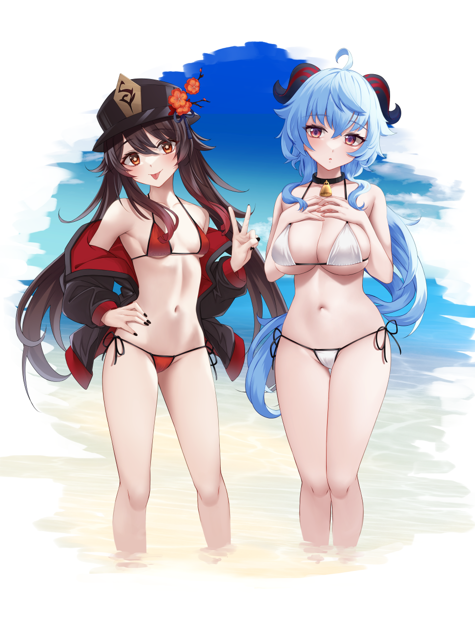 2girls :o :p ahoge alternate_costume bangs bare_arms bare_shoulders bell bikini black_choker black_headwear black_jacket black_nails blue_hair blue_sky breasts brown_hair choker cleavage cowbell flower flower-shaped_pupils ganyu_(genshin_impact) genshin_impact goat_horns halterneck hand_on_hip hands_on_own_chest hat hat_flower highres horns hu_tao_(genshin_impact) jacket large_breasts legs_together linea_alba long_hair looking_at_viewer momendoufu multiple_girls nail_polish navel neck_bell off_shoulder open_clothes open_jacket parted_lips plum_blossoms ponytail porkpie_hat purple_eyes red_bikini side-tie_bikini_bottom sidelocks sky small_breasts stomach string_bikini swimsuit symbol-shaped_pupils thighs tongue tongue_out twintails v wading water white_background white_bikini