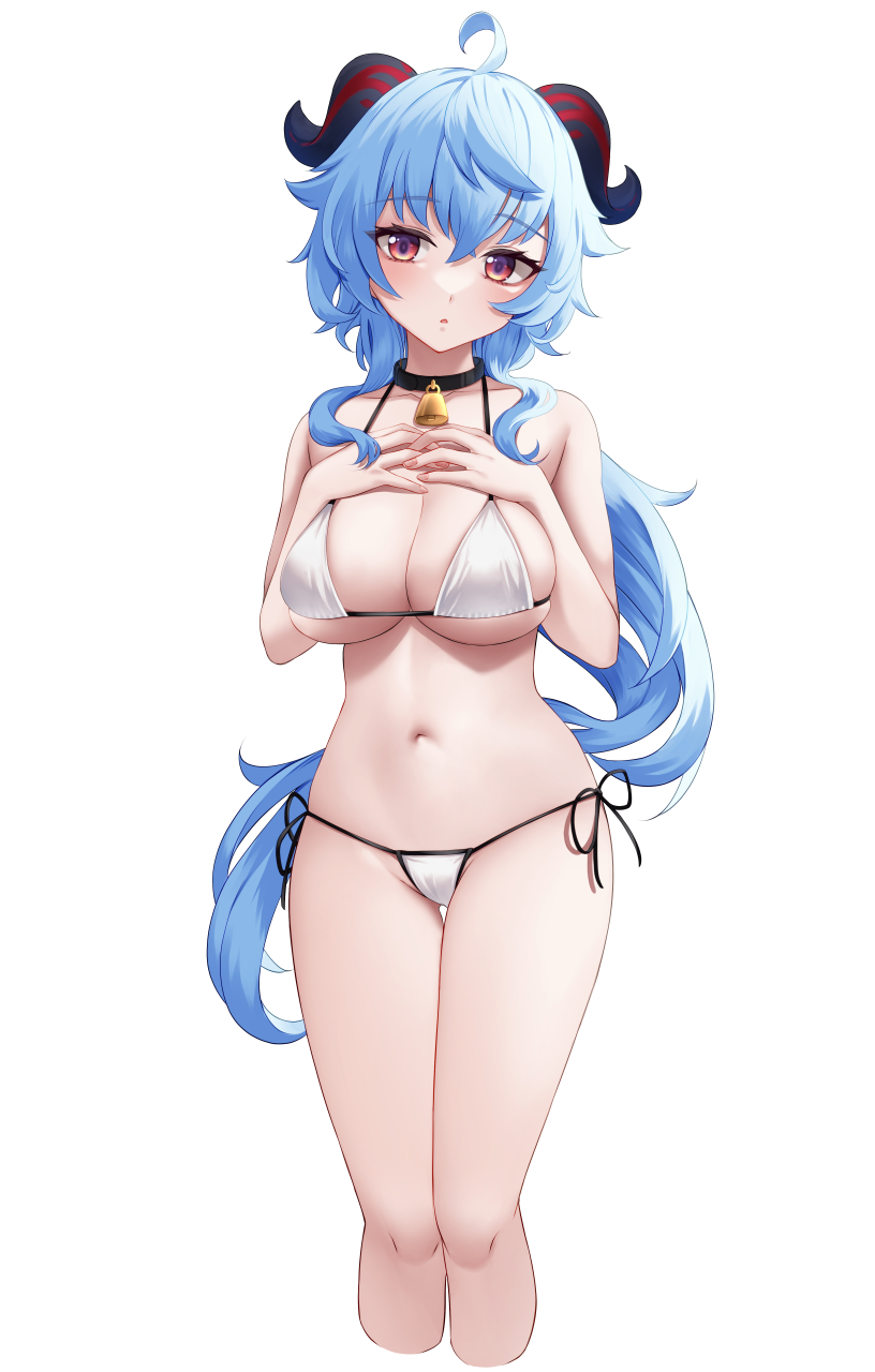 1girl :o ahoge alternate_costume bangs bare_arms bare_shoulders bell bikini black_choker blue_hair breasts choker cleavage cowbell cropped_legs ganyu_(genshin_impact) genshin_impact goat_horns hair_between_eyes halterneck hands_on_own_chest hands_up highres horns large_breasts legs_together long_hair looking_at_viewer momendoufu navel neck_bell parted_lips purple_eyes side-tie_bikini_bottom sidelocks solo stomach string_bikini swimsuit thighs transparent_background white_bikini