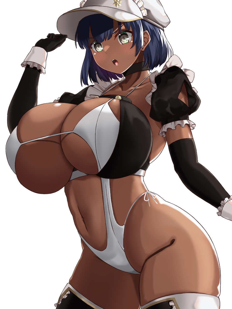 1girl aether_foundation_employee alternate_costume bikini breasts dark_skin elbow_gloves gloves hat highres hizakake huge_breasts maid navel pokemon pokemon_(game) pokemon_sm revision simple_background solo swimsuit tan thick_thighs thighhighs thighs white_background white_headwear