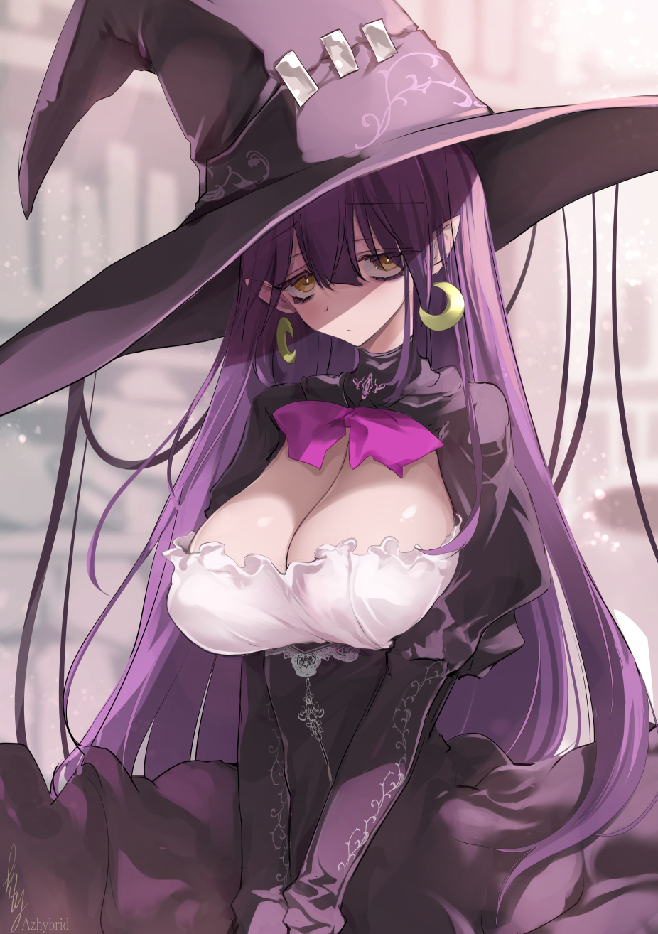 1girl bangs breasts cleavage earrings hat highres jewelry long_hair looking_at_viewer original pointy_ears puffy_sleeves purple_hair solo very_long_hair witch_hat won_(az_hybrid) yellow_eyes