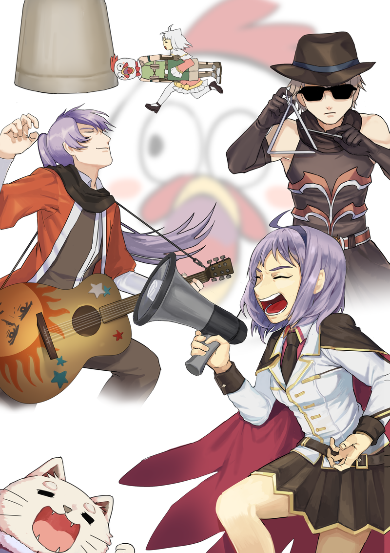 2girls 4boys acoustic_guitar ahoge arch_bishop_(ragnarok_online) bangs bell black_footwear black_gloves black_necktie black_scarf black_shirt blazer boots bow brown_cape brown_footwear brown_gloves brown_headwear brown_skirt buubuu_(loli69) cape cat_boy chicken_mask chinese_commentary closed_eyes coat collared_shirt commentary_request dress dress_bow elbow_gloves fedora feet_out_of_frame fingerless_gloves frilled_dress frilled_sleeves frills furry furry_male genetic_(ragnarok_online) gloves green_shirt green_shorts guillotine_cross_(ragnarok_online) guitar hairband hat holding holding_megaphone instrument jacket joya_no_kane kuso_miso_technique long_hair mary_janes masked megaphone minstrel_(ragnarok_online) multiple_boys multiple_girls music necktie official_alternate_costume open_mouth playing_instrument ponytail purple_hair purple_hairband ragnarok_online ranger_(ragnarok_online) red_cape red_coat red_dress red_shirt scarf shirt shoes short_hair shorts skirt sleeveless sleeveless_shirt smile summoner_(ragnarok_online) sunglasses thighhighs triangle_(instrument) two-sided_cape two-sided_fabric white_background white_dress white_hair white_jacket white_thighhighs yaranaika yellow_bow