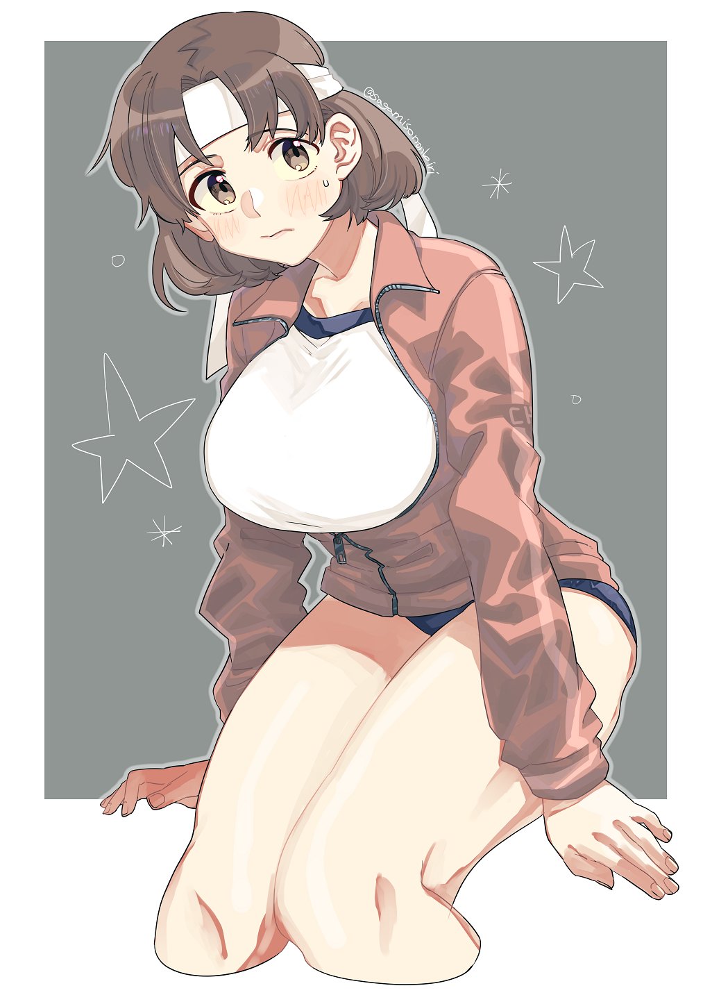 1girl alternate_costume blue_buruma brown_eyes brown_hair buruma chiyoda_(kancolle) cropped_legs feet_out_of_frame grey_background gym_shirt gym_uniform headband highres jacket kantai_collection open_clothes open_jacket red_jacket sagamiso shirt short_hair sitting solo t-shirt track_jacket white_headband white_shirt