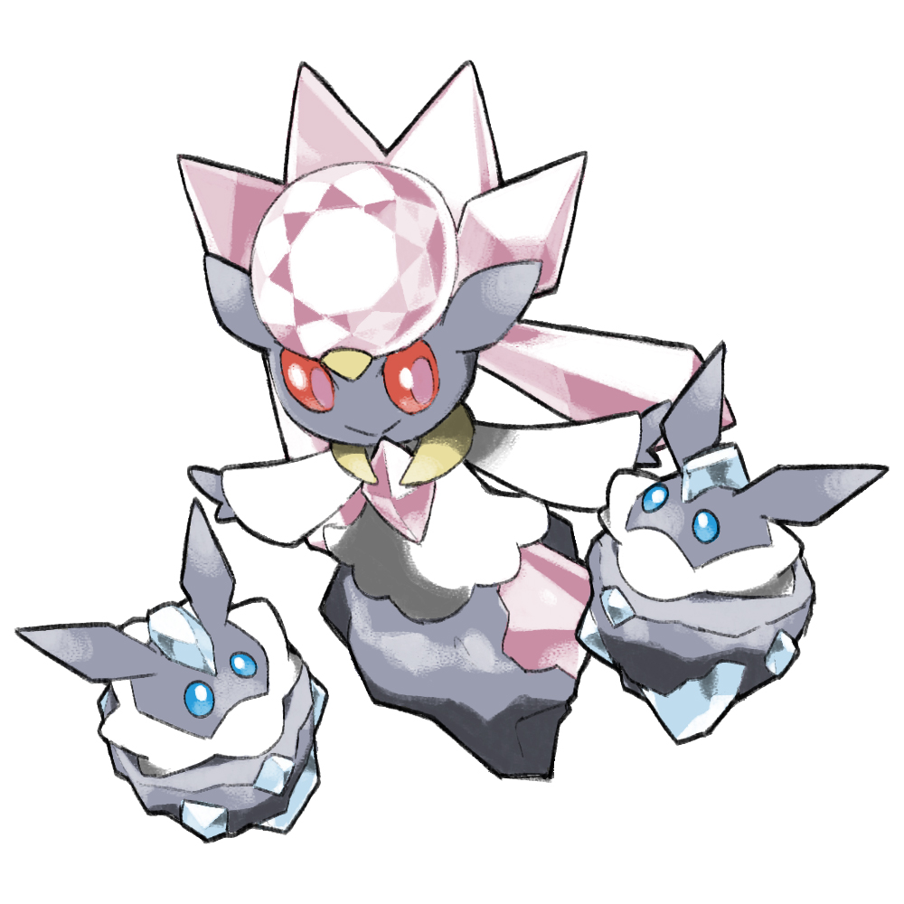 blacknirrow blue_eyes blue_gemstone carbink closed_mouth diancie english_commentary gem no_humans pink_gemstone pink_pupils pokemon pokemon_(creature) red_eyes simple_background smile split_mouth white_background