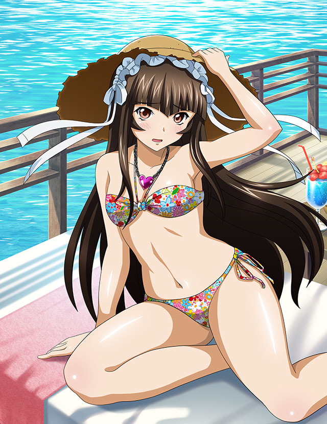 1girl arm_support bangs bare_arms bare_legs bikini breasts brown_eyes brown_hair brown_headwear chain collarbone day floating_hair floral_print hat heart_pendant ikkitousen long_hair looking_at_viewer navel open_mouth outdoors print_bikini shiny shiny_hair shiny_skin side-tie_bikini_bottom small_breasts solo strapless strapless_bikini straw_hat sun_hat swimsuit ten'i_(ikkitousen) very_long_hair