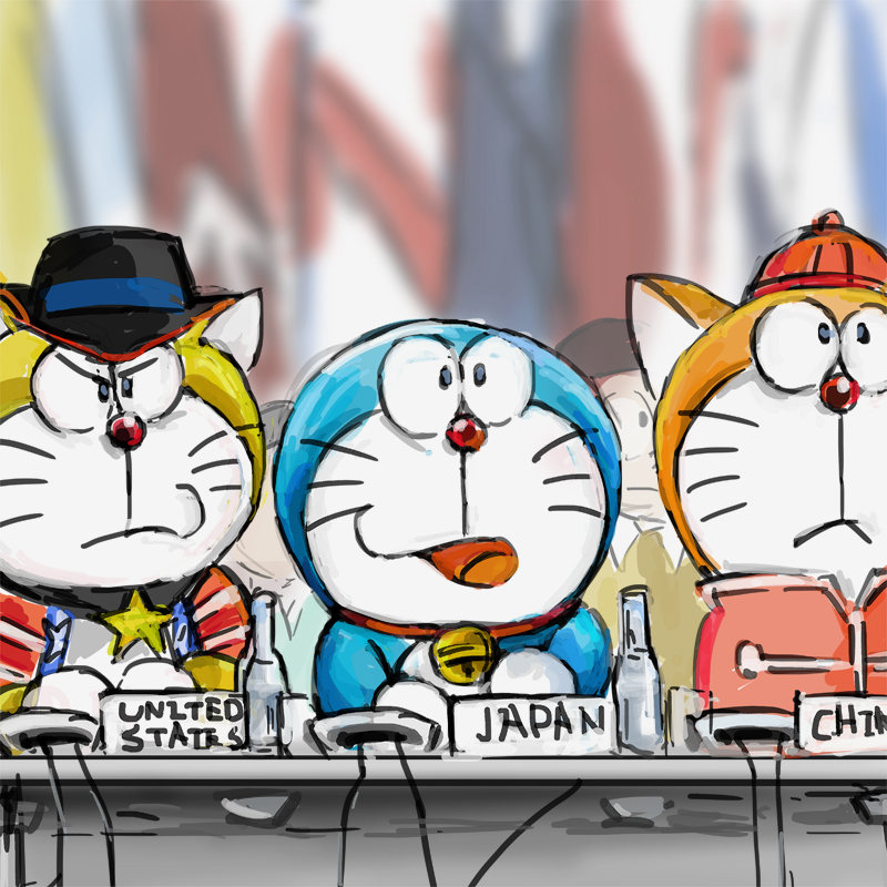 1:1 2019 anthro bell black_hair blue_body blue_fur bottle clothed clothing collar cowboy_hat cowboy_outfit domestic_cat dora_the_kid doraemon doraemon_(character) english_text felid feline felis flag flag_(object) front_view fur furniture group hair hat headgear headwear human machine male mammal mouth_closed mt_tg nobita_nobi open_mouth orange_body orange_fur red_collar red_nose robot shaded shirt star table text tongue topwear wang_dora whiskers white_body white_fur yellow_body yellow_clothing yellow_fur yellow_shirt yellow_topwear