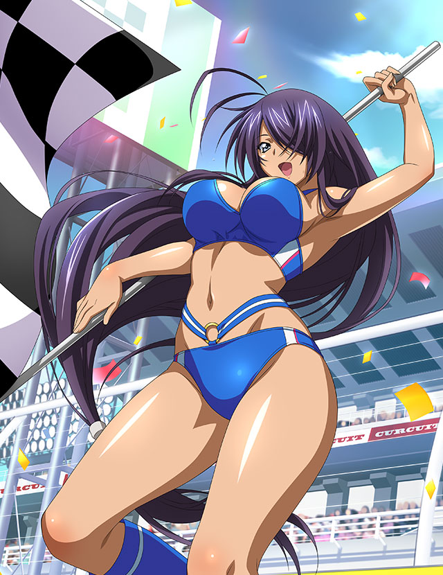 1girl :d absurdly_long_hair alternate_costume armpits bare_arms blue_bra blue_buruma blue_sky blue_socks bra breasts buruma day floating_hair grey_eyes groin hair_over_one_eye holding ikkitousen kan'u_unchou large_breasts long_hair low-tied_long_hair navel open_mouth outdoors purple_hair race_queen shiny shiny_hair shiny_skin sideboob sky smile socks solo underwear very_long_hair