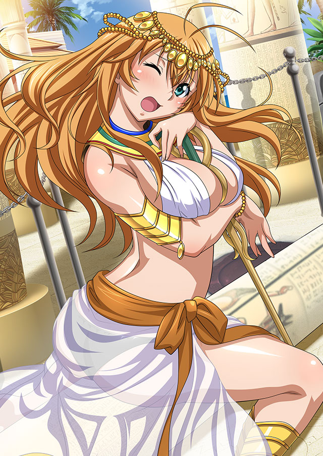 1girl alternate_costume antenna_hair between_breasts blonde_hair bracelet breasts cleavage egyptian_clothes floating_hair green_eyes ikkitousen jewelry long_hair looking_at_viewer medium_breasts one_eye_closed open_mouth shiny shiny_hair sideboob skirt solo sonsaku_hakufu very_long_hair white_skirt