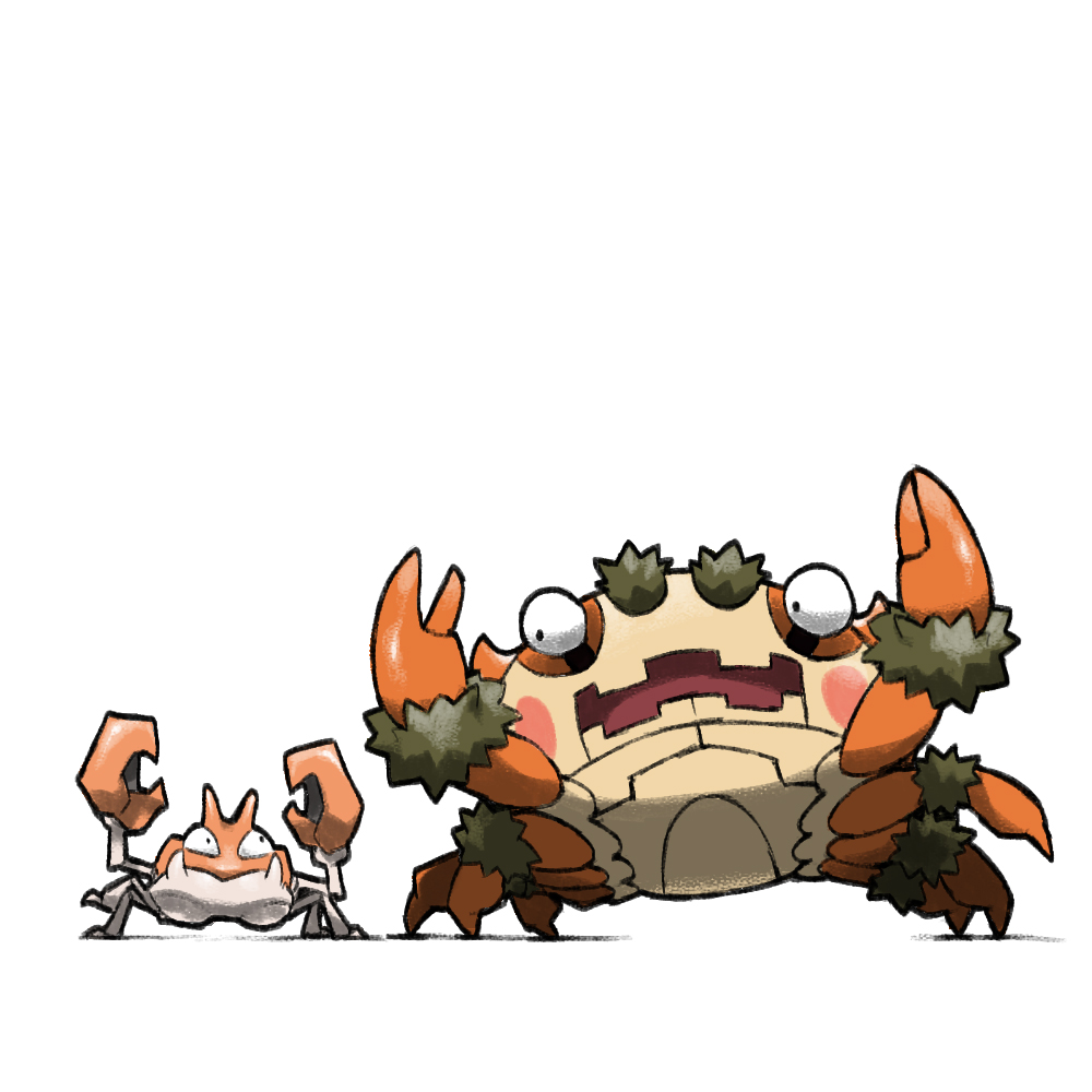 blacknirrow closed_mouth english_commentary klawf krabby looking_at_another no_humans open_mouth pincers pokemon pokemon_(creature) simple_background white_background
