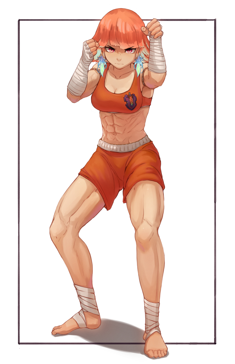 1girl abs ankle_wrap barefoot black_shorts boxers breasts clenched_hands commentary earrings english_commentary fighting_stance foot_wraps full_body gift_art hand_wraps highres hololive hololive_english jewelry kickboxing male_underwear midriff muay_thai muscular muscular_female navel obliques purple_eyes red_eyes seraziel shorts simple_background takanashi_kiara toes underwear virtual_youtuber white_background