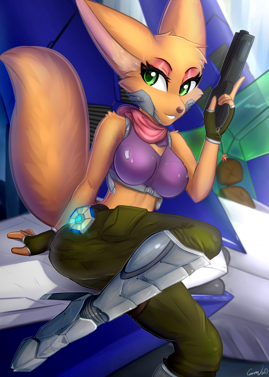 2020 anthro arwing biped boots bottomwear breasts canid canine clothed clothing dated digital_media_(artwork) eyelashes eyeshadow fara_phoenix female fingerless_gloves footwear fox fully_clothed gloves green_bottomwear green_clothing green_pants gun handwear hi_res holding_gun holding_object holding_weapon makeup mammal nintendo pants ranged_weapon science_fiction shaded signature solo son237 star_fox topwear video_games weapon