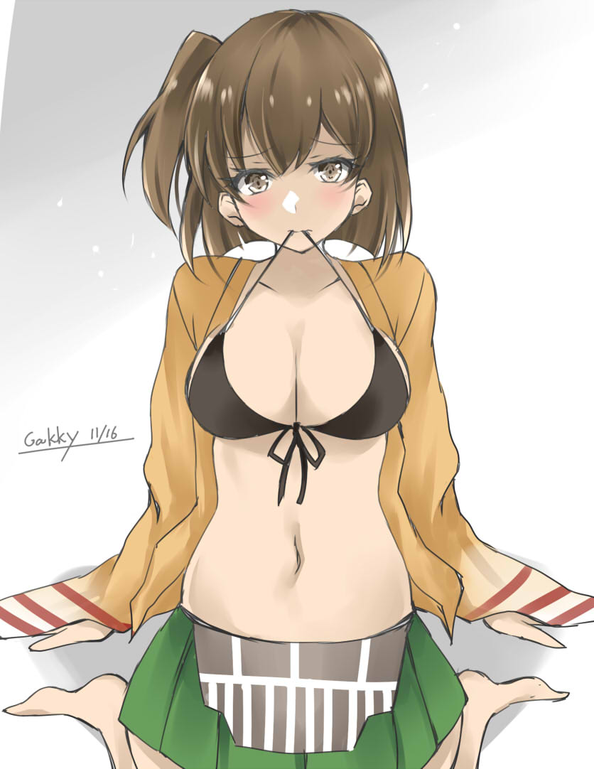 1girl apron barefoot bikini bikini_top_only black_bikini breasts brown_eyes brown_hair cleavage flight_deck front-tie_bikini_top front-tie_top gakky green_hakama hakama hakama_short_skirt hakama_skirt hiryuu_(kancolle) japanese_clothes kantai_collection large_breasts mouth_hold navel one_side_up open_clothes short_hair sitting skirt solo swimsuit wariza