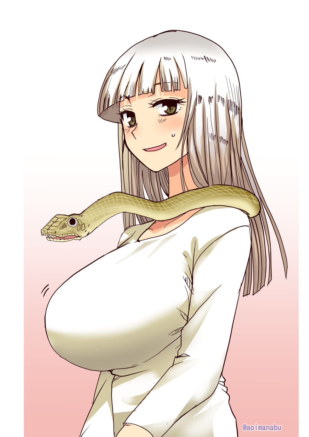 1girl aoi_manabu blush breasts brown_eyes collarbone hakudou_yayoi highres hoshi_no_samidare huge_breasts long_hair looking_at_viewer open_mouth shea_moon simple_background smile snake solo sweatdrop white_hair