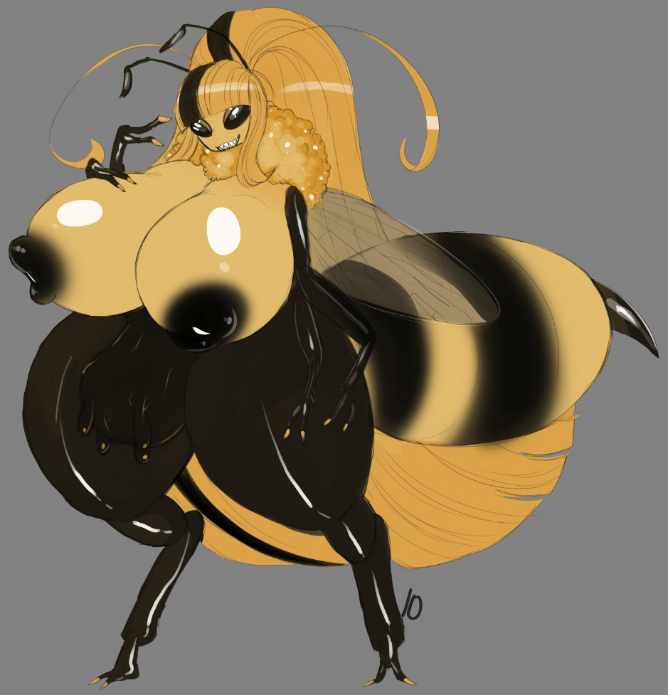 anthro arthropod arthropod_abdomen bee bovid bovine cattle demon fangs female hymenopteran insect insect_wings mammal nipple_mouth princess_apisia solo stinger teats tingtongten udders wings