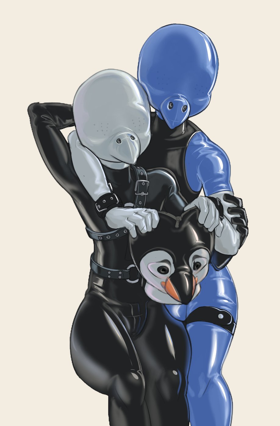 2022 5_fingers alcid ambiguous_gender anthro avian bdsm beak biped bird bodysuit bulge clothed clothing digital_drawing_(artwork) digital_media_(artwork) duo fingers glistening harness hi_res lari mask muffin_(owy) nonbinary_(lore) owy owy_(character) puffin rubber simple_background skinsuit tight_clothing