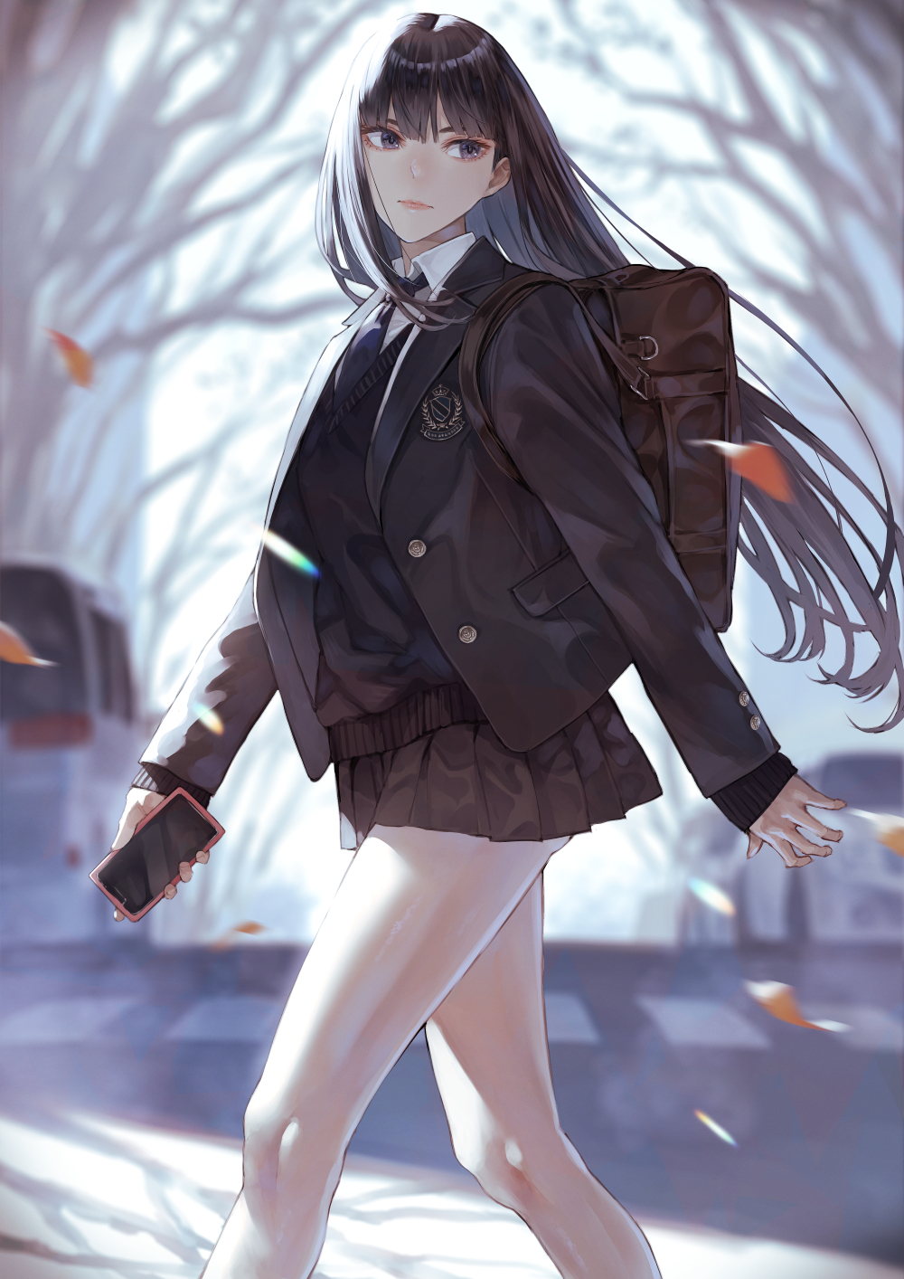 1girl ass autumn black_eyes black_hair cardigan cellphone falling_leaves highres hime_cut kaoming leaf long_hair looking_back miniskirt original outdoors phone pleated_skirt school_uniform skirt smartphone solo tree walking