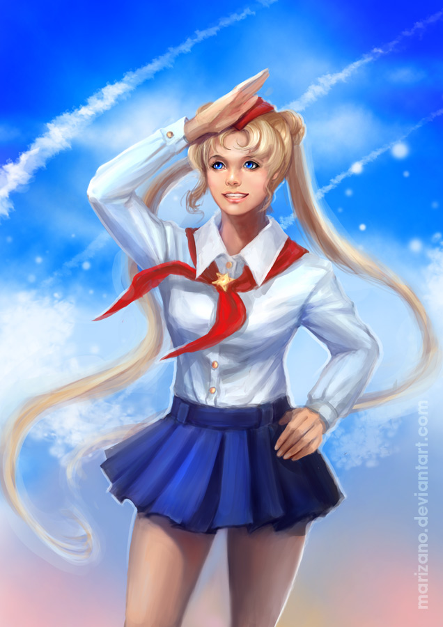 1girl bangs bishoujo_senshi_sailor_moon blonde_hair blue_eyes blue_skirt blue_sky cloud collared_shirt deviantart_username double_bun gradient_sky hair_bun hand_on_hip hand_on_own_head long_hair long_sleeves marizano multicolored_sky neckerchief parted_bangs pink_sky pleated_skirt realistic red_neckerchief salute shirt skirt sky smoke_trail solo soviet soviet_pioneer star_(symbol) tsukino_usagi twintails white_shirt