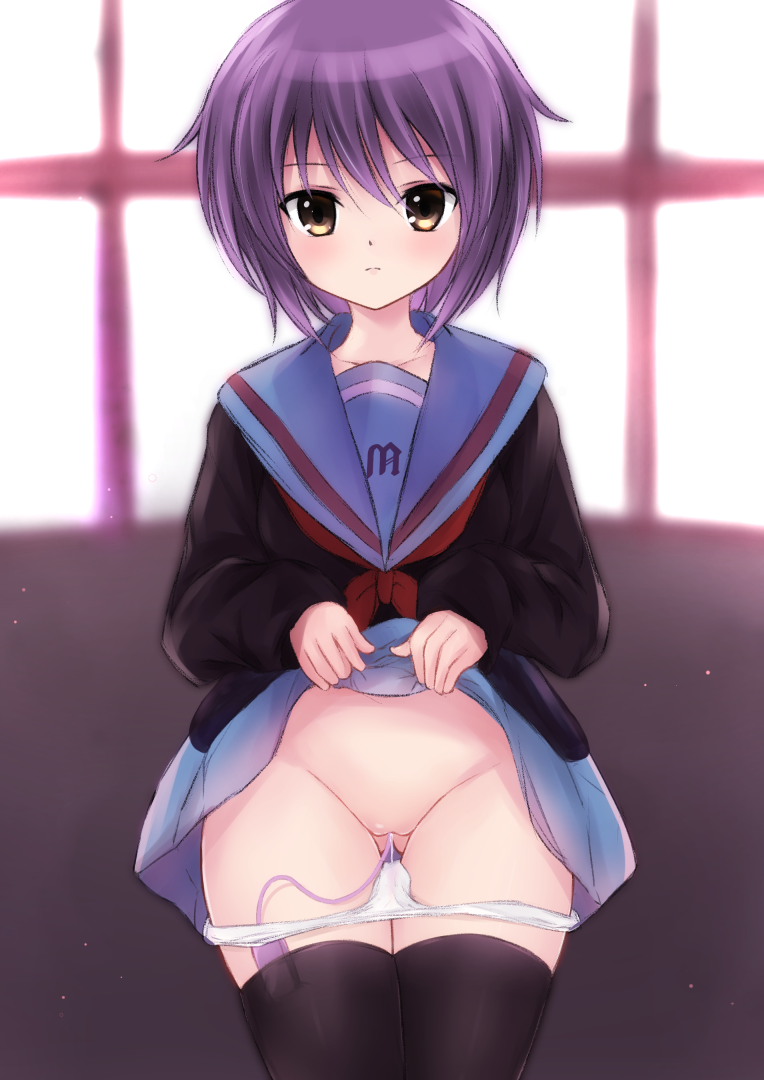 1girl bangs black_thighhighs blue_sailor_collar blue_skirt brown_cardigan brown_eyes cardigan closed_mouth clothes_lift collarbone commentary_request egg_vibrator expressionless katze_(pixiv) kita_high_school_uniform lifted_by_self long_sleeves looking_at_viewer nagato_yuki neckerchief panties panty_pull purple_hair pussy red_neckerchief red_ribbon ribbon sailor_collar school_uniform serafuku sex_toy short_hair skirt skirt_lift solo suzumiya_haruhi_no_yuuutsu thighhighs underwear vibrator white_panties zettai_ryouiki