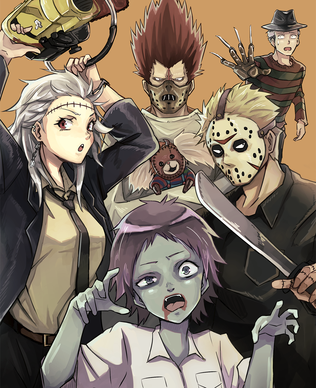 2girls 3boys a_nightmare_on_elm_street animal belt black_shirt blonde_hair blood blood_on_face chainsaw child's_play chucky chucky_(cosplay) collared_shirt cosplay dorohedoro ear_piercing earrings ebisu_(dorohedoro) en_(dorohedoro) fedora freddy_krueger freddy_krueger_(cosplay) friday_the_13th fujita_(dorohedoro) hannibal_lecter hannibal_lecter_(cosplay) hat highres hockey_mask holding holding_animal holding_chainsaw holding_weapon jason_voorhees jason_voorhees_(cosplay) jewelry kikurage_(dorohedoro) leatherface leatherface_(cosplay) machete mask multicolored_hair multiple_boys multiple_girls necktie noi_(dorohedoro) open_mouth orange_background osakanaotoko overalls piercing purple_hair red_eyes red_hair shin_(dorohedoro) shirt simple_background straitjacket the_silence_of_the_lambs the_texas_chainsaw_massacre two-tone_hair weapon white_shirt