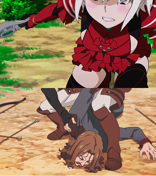 1girl 2boys animated animated_gif arrow_(projectile) ass battle beard between_legs between_thighs bow_(weapon) chaika_bogdan facial_hair forest gloves headband hitsugi_no_chaika house legs lower_body multiple_boys nature non-web_source purple_eyes short_shorts shorts sword thigh_gap thighs upskirt view_between_legs weapon white_hair