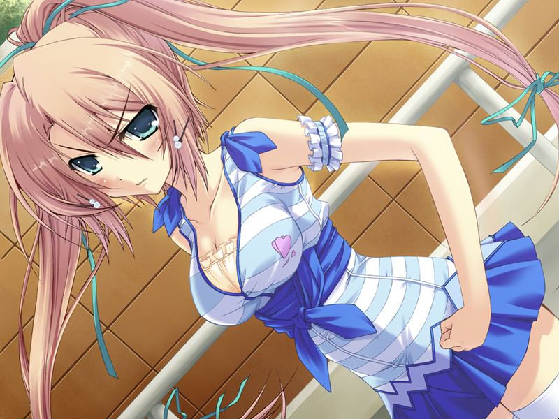 1girl breasts game_cg outdoors skirt solo thighhighs