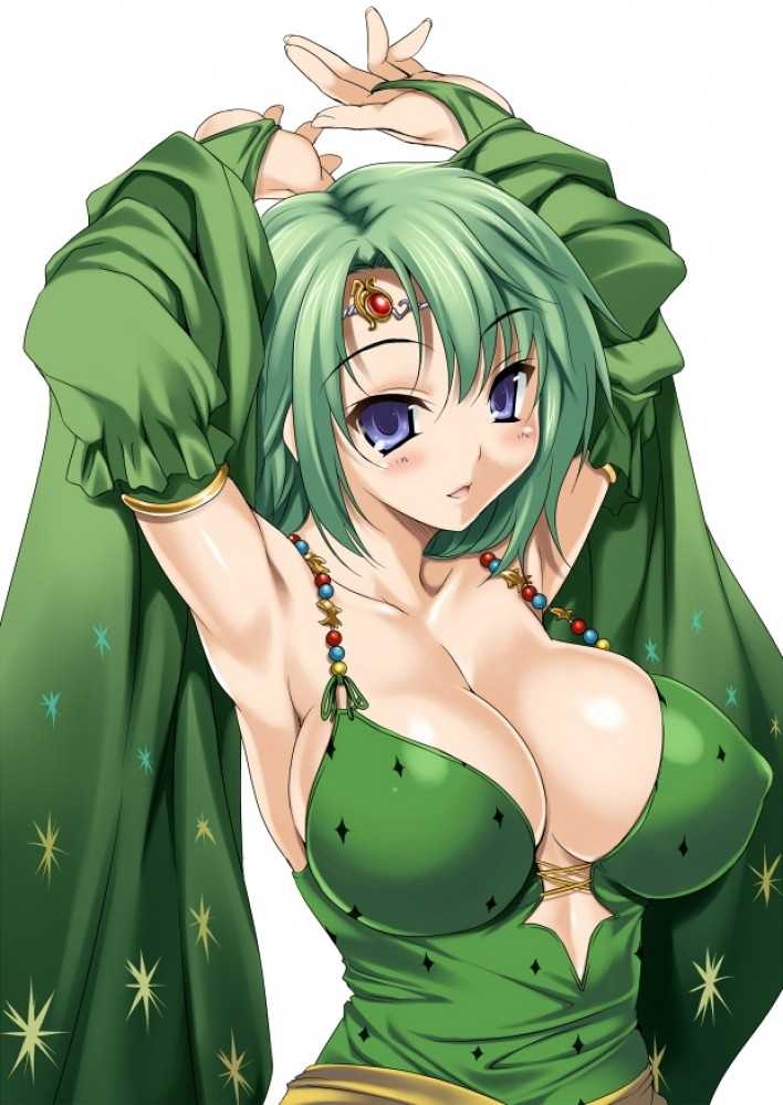 armpits arms_up blue_eyes breasts cleavage green_hair kure_masahiro large_breasts rydia
