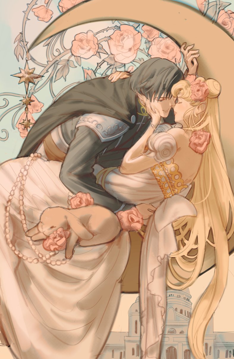 1boy 1girl arm_around_neck arm_around_waist armor art_nouveau back_bow bangs bare_shoulders bead_bracelet beads bishoujo_senshi_sailor_moon black_cape black_hair black_shirt blonde_hair bow bracelet cape closed_eyes couple crescent_moon double_bun dress endymion_(sailor_moon) feet_out_of_frame flower hair_between_eyes hair_bun hair_flower hair_ornament hand_on_another's_cheek hand_on_another's_face hetero highres imminent_kiss jewelry leaning_forward long_dress long_hair long_sleeves looking_at_another moon off-shoulder_dress off_shoulder parted_bangs parted_lips pink_flower pink_rose princess_serenity rabbit rose shirt short_hair short_sleeves shoulder_armor shy_(ribboneels) sidelocks smile thorns twintails upper_body very_long_hair white_dress