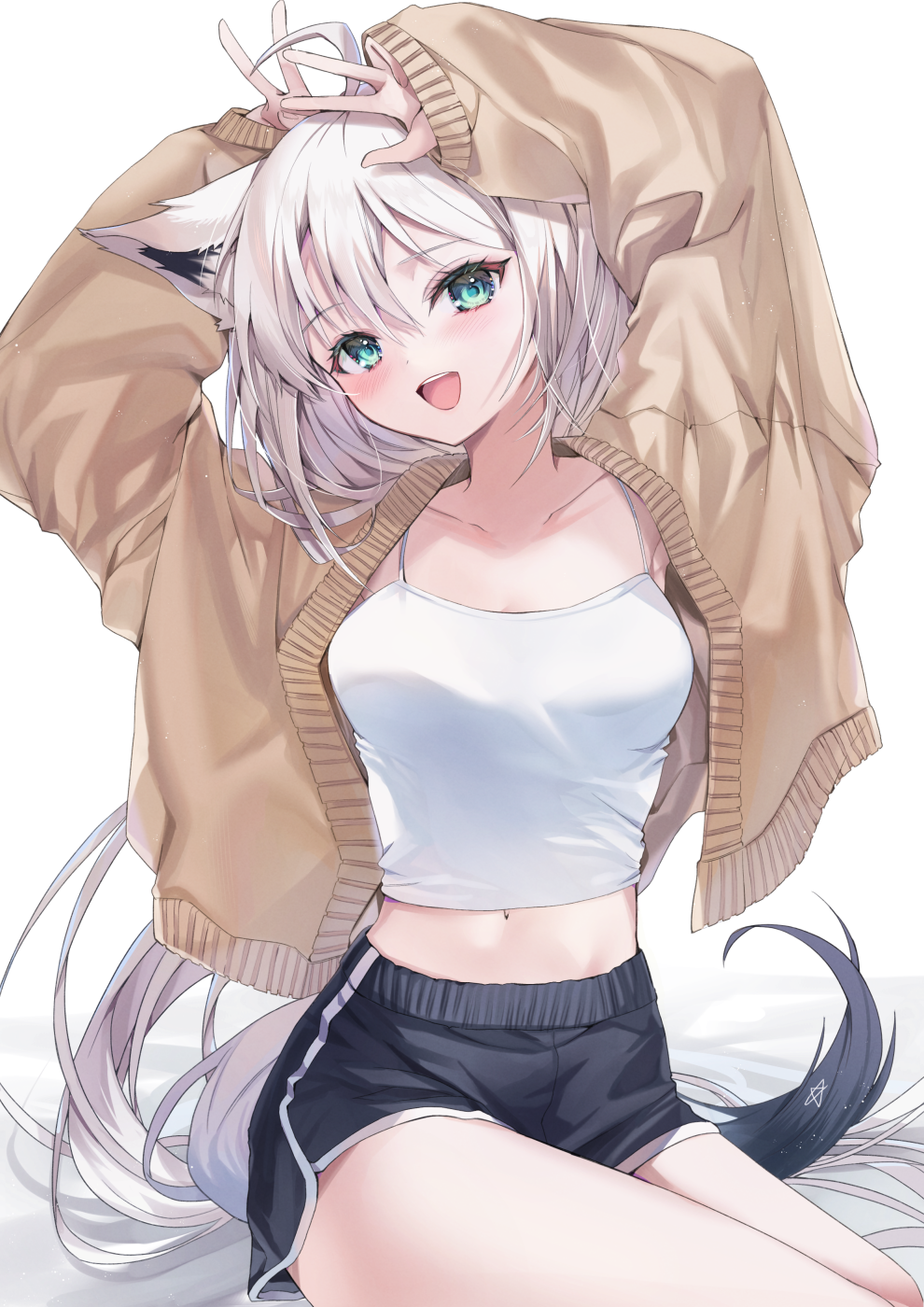 1girl ahoge alternate_costume animal_ear_fluff animal_ears arms_up bangs black_shorts blush braid brown_cardigan cardigan collarbone commentary_request crop_top fox_ears fox_girl fox_tail green_eyes hair_between_eyes highres hololive long_hair looking_at_viewer midriff navel open_cardigan open_clothes open_mouth paraffin pentagram shirakami_fubuki shirt shorts sidelocks simple_background single_braid sitting solo spaghetti_strap tail virtual_youtuber white_background white_hair white_shirt