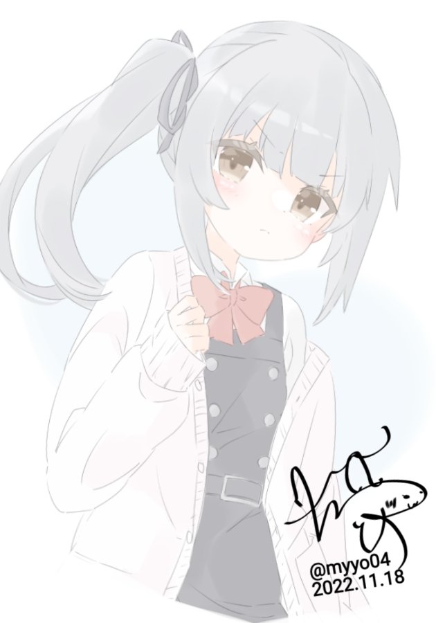 belt black_ribbon blush cardigan chame_(myyo04) collared_shirt dated dress grey_hair hair_ribbon kantai_collection kasumi_(kancolle) long_hair long_sleeves open_cardigan open_clothes pinafore_dress red_ribbon ribbon shirt side_ponytail signature simple_background sleeveless sleeveless_dress twitter_username white_background white_shirt yellow_eyes