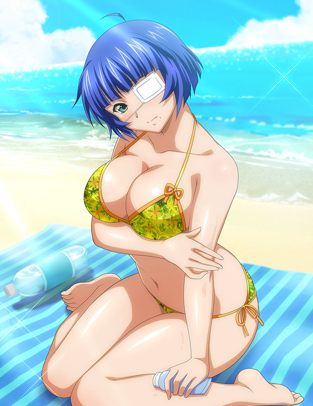 1girl ahoge bangs bare_arms bare_legs barefoot beach bikini blue_hair blue_sky blunt_bangs bob_cut breasts cleavage closed_mouth cloud collarbone day eyepatch green_eyes halterneck head_tilt holding ikkitousen large_breasts looking_at_viewer mole mole_under_mouth navel ocean orange_ribbon outdoors print_bikini ribbon ryomou_shimei shiny shiny_hair short_hair side-tie_bikini_bottom sideboob sitting sky solo sparkle summer sunlight swimsuit wariza yellow_bikini