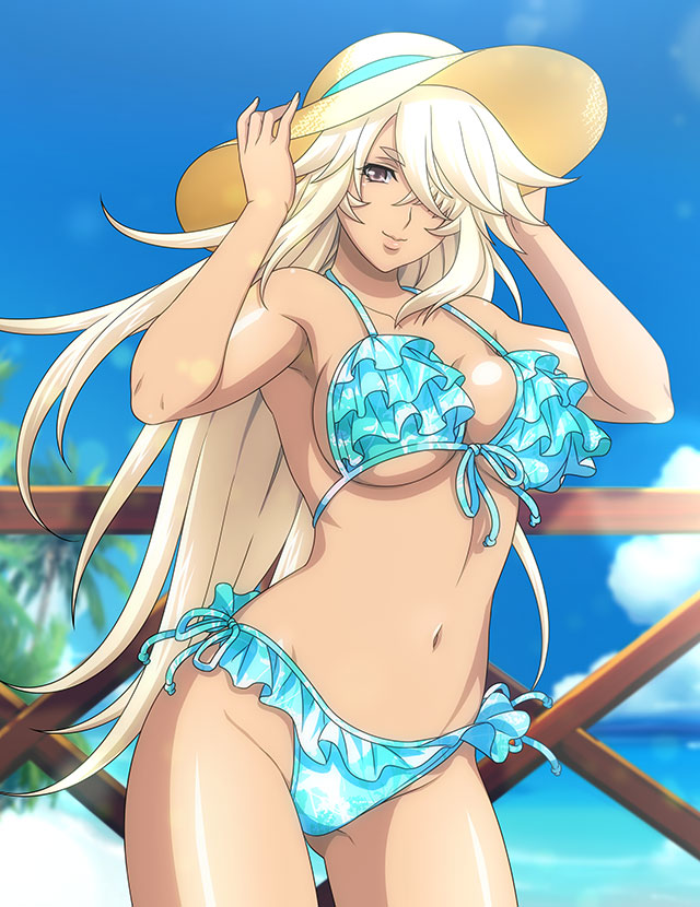 1girl aqua_ribbon bare_arms bikini blue_bikini blue_sky blurry blurry_background breasts cleavage cowboy_shot day frilled_bikini frills front-tie_bikini_top front-tie_top hair_over_one_eye hat hat_ribbon ikkitousen large_breasts long_hair looking_at_viewer musashibou_benkei_(ikkitousen) navel outdoors print_bikini ribbon shiny shiny_hair shiny_skin side-tie_bikini_bottom sideboob sky solo standing summer sun_hat swimsuit underboob very_long_hair white_hair yellow_eyes yellow_headwear