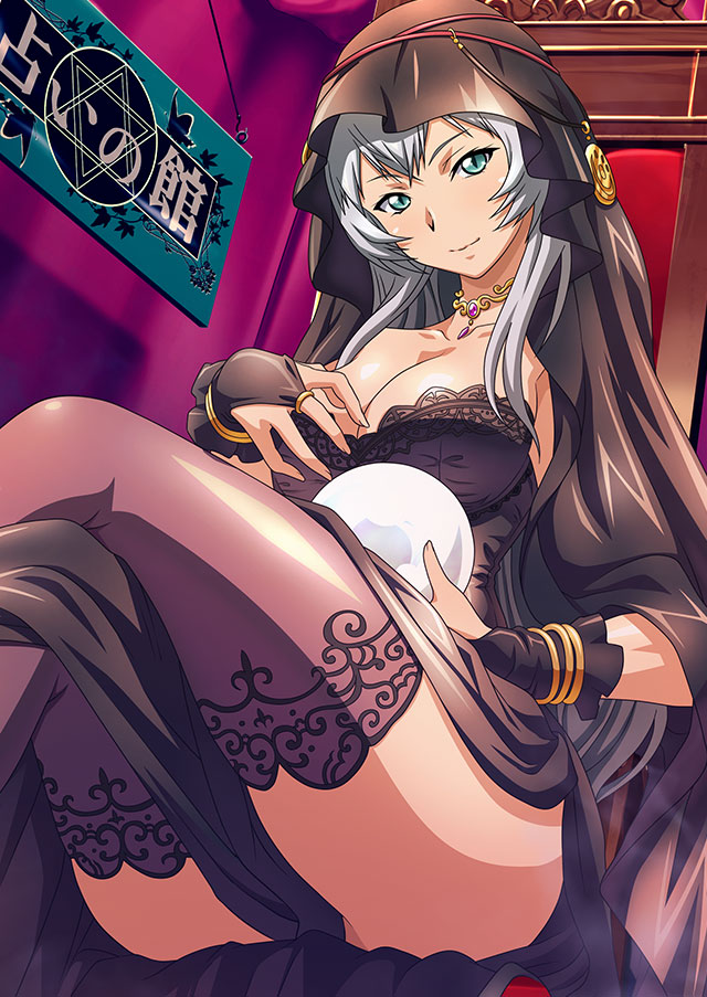 1girl black_dress breasts bridal_gauntlets chouun_shiryuu cleavage closed_mouth collarbone dress from_below green_eyes grey_hair ikkitousen large_breasts long_hair looking_at_viewer shiny shiny_clothes shiny_legwear sitting slit_pupils smile solo strapless strapless_dress thighhighs unusually_open_eyes veil