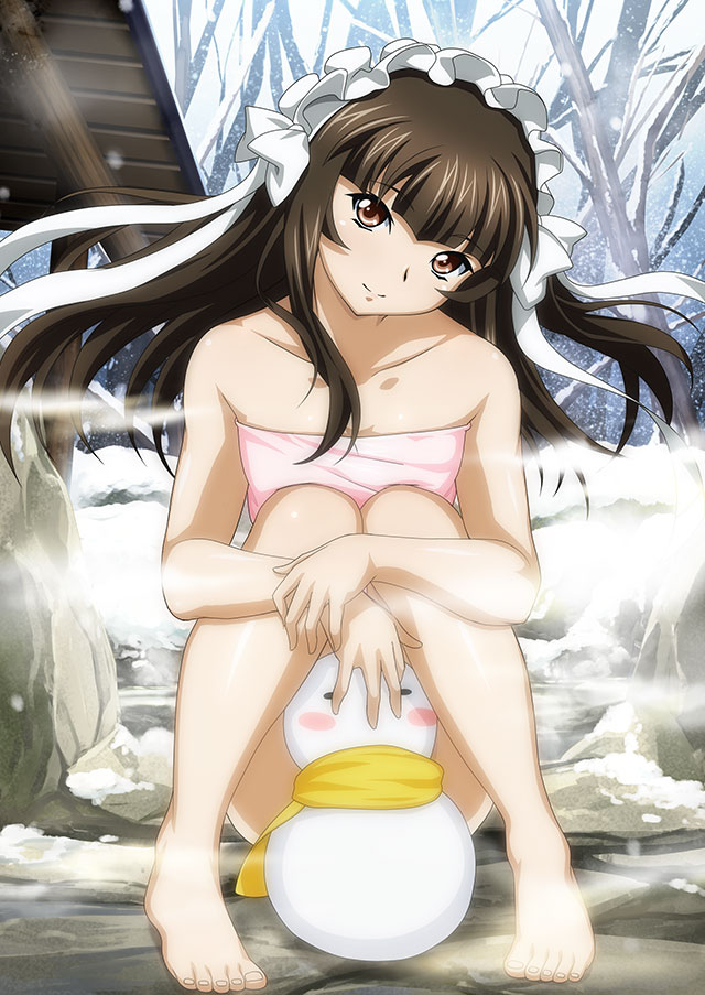 1girl bare_arms bare_legs barefoot blue_eyes brown_eyes brown_hair closed_mouth collarbone day flat_chest floating_hair head_tilt ikkitousen long_hair looking_at_viewer naked_towel outdoors shiny shiny_hair sitting smile snow snowing snowman solo steam ten'i_(ikkitousen) towel very_long_hair winter