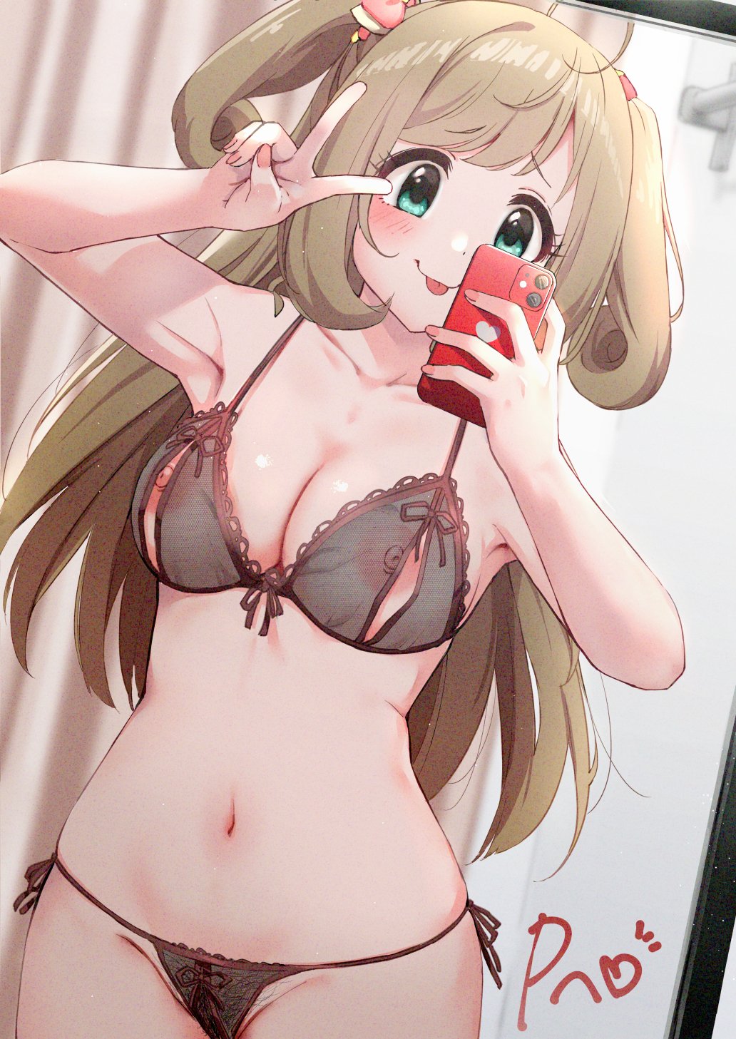 1girl :p arm_up armpits blush bra breasts cellphone cleavage collarbone cupless_bra curtains female_pubic_hair fingernails groin highres holding holding_phone idolmaster idolmaster_cinderella_girls indoors light_brown_hair lingerie long_hair looking_at_phone medium_breasts mirror nail_polish navel panties phone pubic_hair reflection sato_shin see-through_bra see-through_panties selfie side-tie_panties smile solo syamo_piyo tongue tongue_out two_side_up underwear v very_long_hair