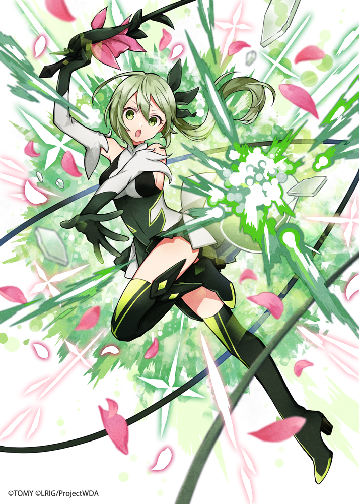 1girl :o arm_up beaker boots buzz copyright dress elbow_gloves expressions full_body glass_shards gloves green_dress green_eyes green_footwear green_gloves green_hair hair_between_eyes high_heel_boots high_heels holding holding_whip leg_up long_hair looking_at_viewer lostorage_wixoss official_art outstretched_arm petals short_dress side_ponytail sleeveless sleeveless_dress solo thigh_boots two-tone_gloves white_background white_gloves wixoss