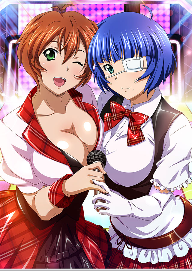 2girls ;d alternate_costume antenna_hair blue_eyes blue_hair bob_cut bow bowtie breast_press breasts brown_hair chinkyuu_koudai cleavage closed_mouth collarbone collared_shirt dress_shirt elbow_gloves eyepatch gloves green_eyes holding holding_microphone idol ikkitousen large_breasts microphone mole mole_under_mouth multiple_girls one_eye_closed open_mouth plaid plaid_bow plaid_bowtie plaid_skirt red_bow red_bowtie red_skirt ryomou_shimei shiny shiny_hair shirt short_hair short_sleeves skirt smile stage white_gloves white_shirt wing_collar