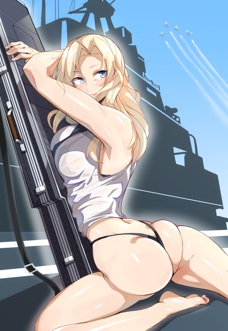 1girl aircraft ass ayakumo bare_legs barefoot black_necktie black_panties blonde_hair blue_eyes blue_sky breasts closed_mouth flight_deck gun_case highleg highleg_panties hornet_(kancolle) kantai_collection large_breasts leaning_on_object long_hair looking_back necktie one_knee panties shirt sky sleeveless sleeveless_shirt soles solo toes underwear white_shirt