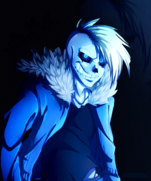 2016 animated_skeleton black_clothing black_shirt black_topwear blue_clothing blue_eyes blue_jacket blue_topwear bone clothing eoki-san_(artist) glowing glowing_eyes hair hollow_eyes humanoid jacket looking_at_viewer male mohawk not_furry sans_(undertale) shirt signature skeleton smile solo solo_focus teeth topwear undead undertale undertale_(series) video_games