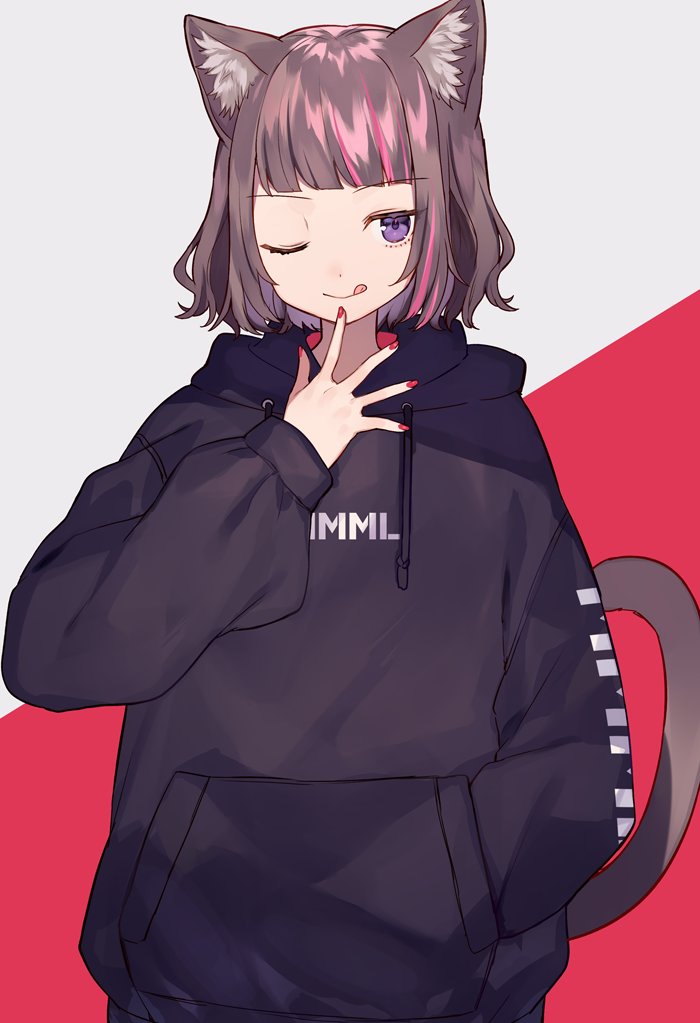 1girl ;q animal_ears bangs black_hoodie blunt_bangs brown_hair cat_ears cat_girl cat_tail hand_in_pocket hood hoodie long_sleeves multicolored_hair one_eye_closed original pink_hair puffy_long_sleeves puffy_sleeves purple_eyes red_nails short_hair shugao tail tongue tongue_out two-tone_hair